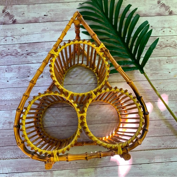 Mid Century Bamboo 3 Bottle Wine Holder Wicker MCM Boho 10.5 inches Tall - Picture 1 of 11